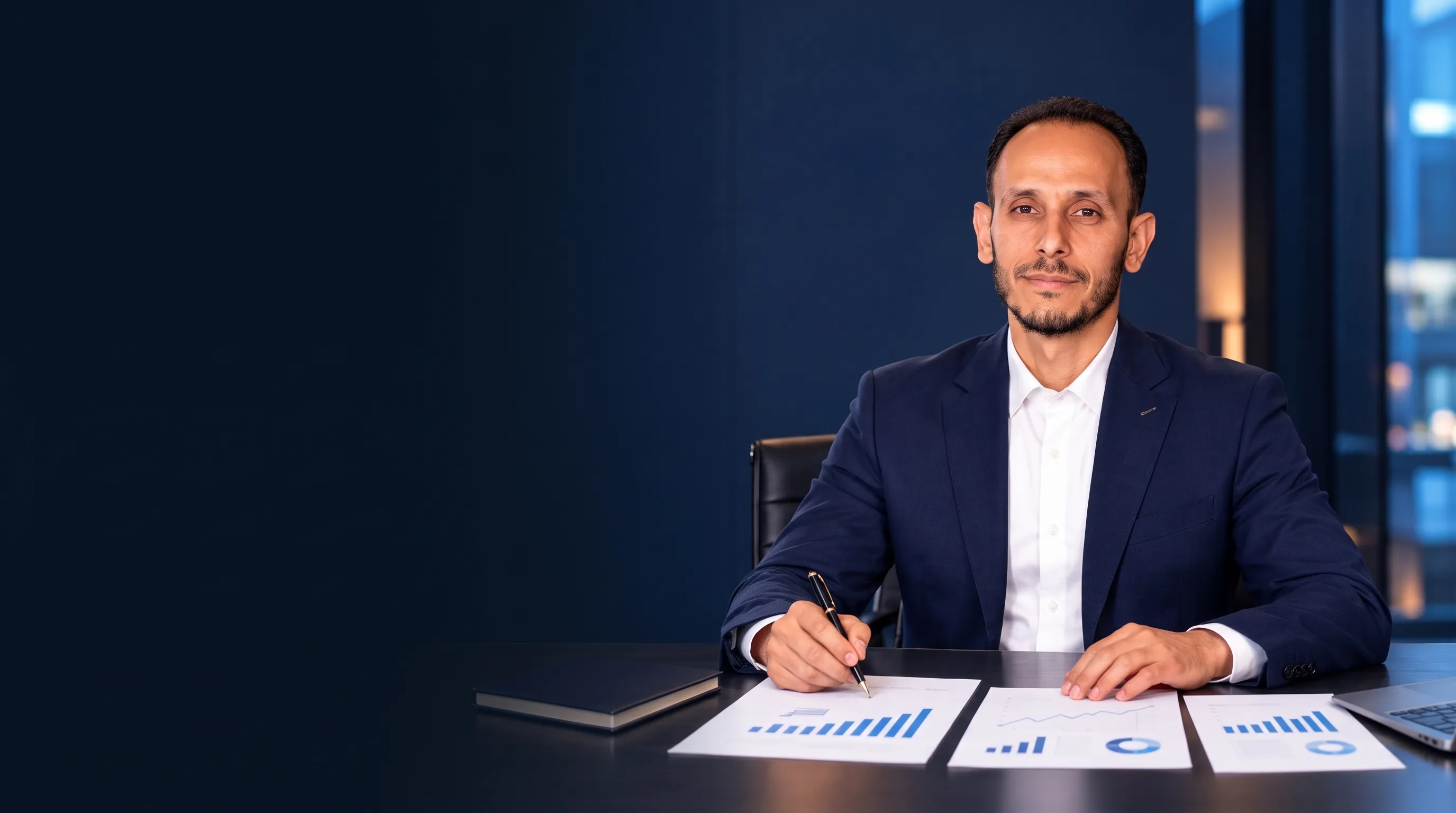 Saed Hassunah, a digital presence consultant, in a calm, realistic consulting office