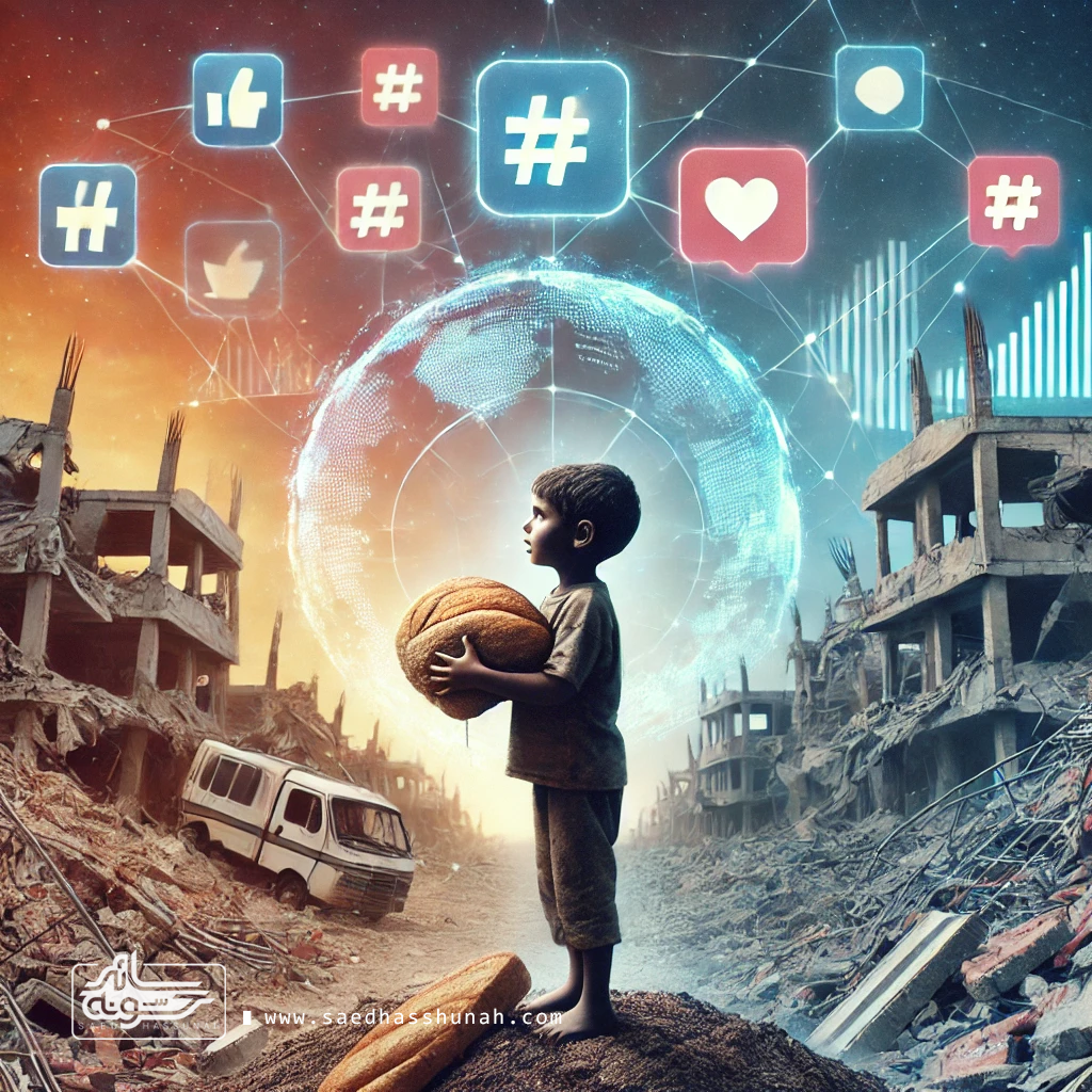 DALL·E 2024-11-12 10.03.26 – A digital artwork inspired by the realities of the Gaza conflict, focusing on resilience amidst war. The scene features a silhouette of a child holdin copy سائد حسونه | ترند اليوم: صرخات غزة تصل إلى العالم الرقمي