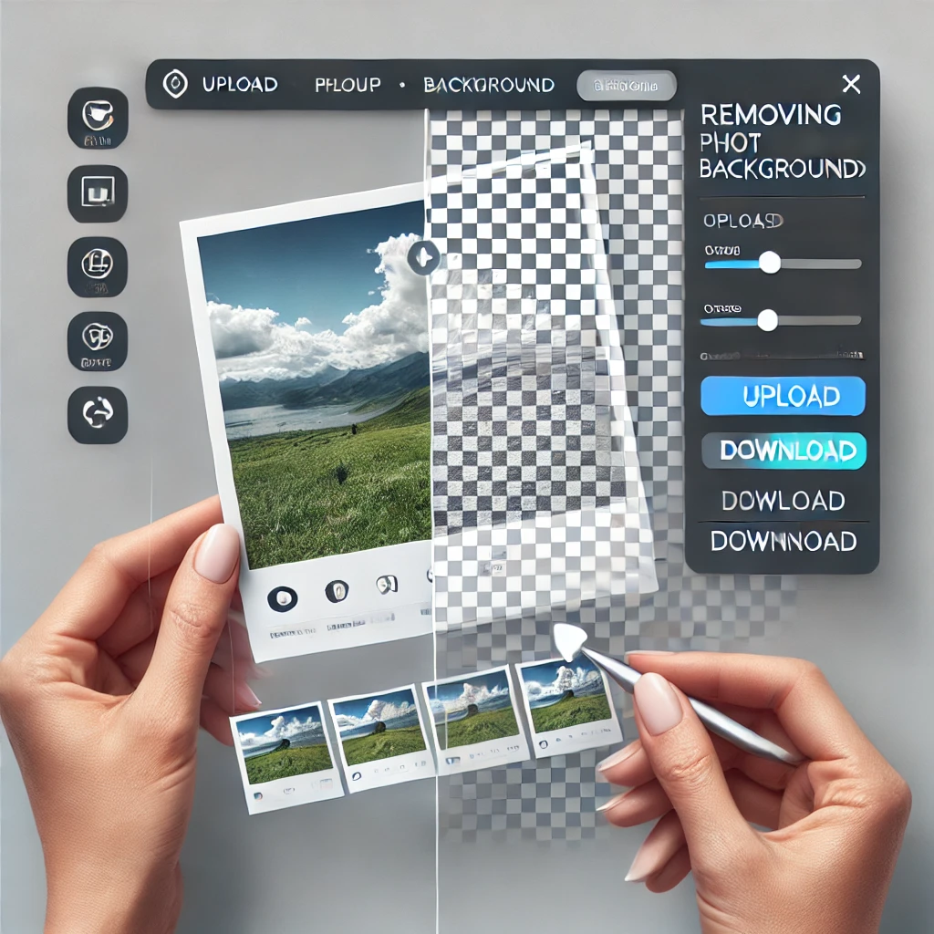 DALL·E 2025-01-27 12.54.10 – A transparent image showing a clean and modern online tool interface for removing photo backgrounds. The focus is on a single photo in the process of إزالة خلفية الصور